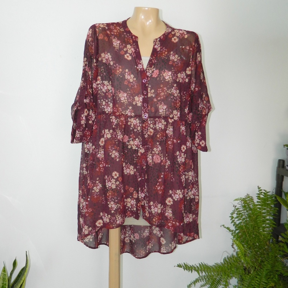 Torrid Tunic Women Size1 Burgundy Floral Leopard Sheer Chiffon High Low Roll Tab